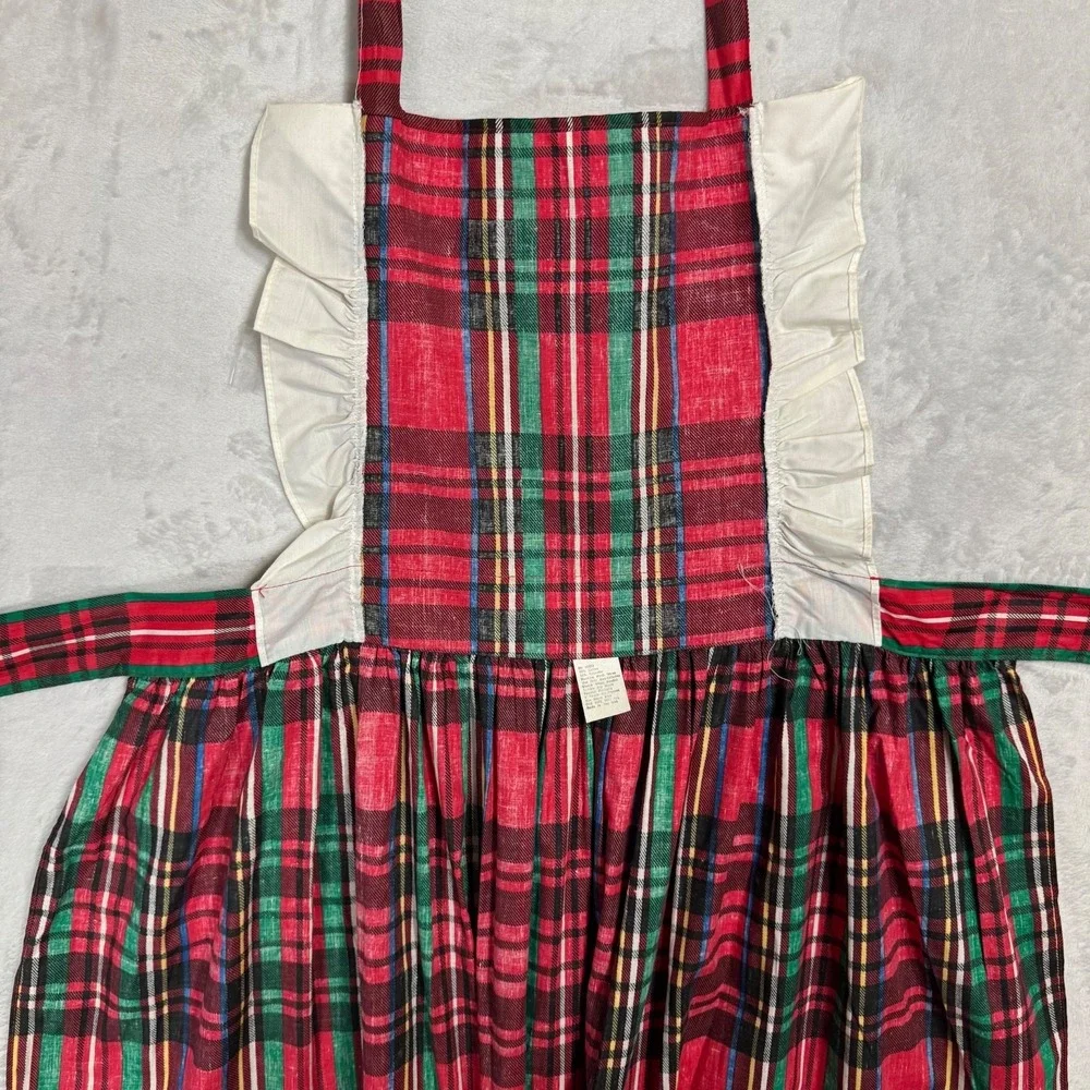 Vintage 70s Plaid‎ Pinafore Apron Dress Ruffle Bib Tie Back Lady One Size USA